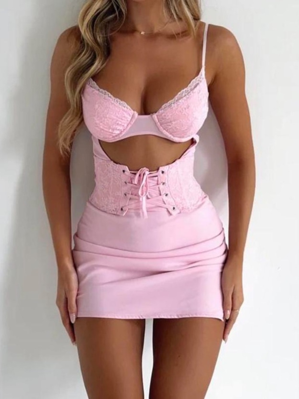 NWT outcast XS Mini Dress lace corset top satin skirt Sidra baby pink cut out